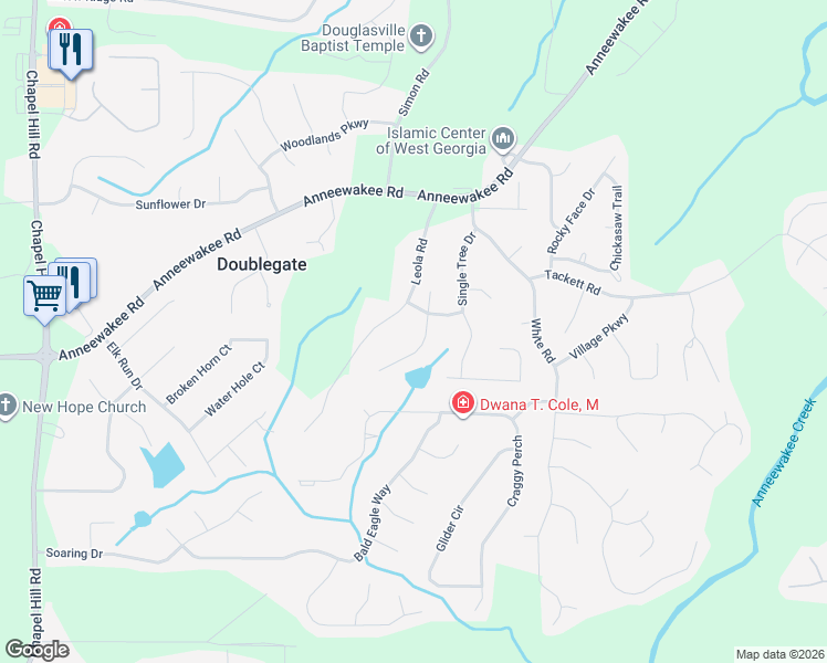 map of restaurants, bars, coffee shops, grocery stores, and more near 4329 Tillage Path in Douglasville