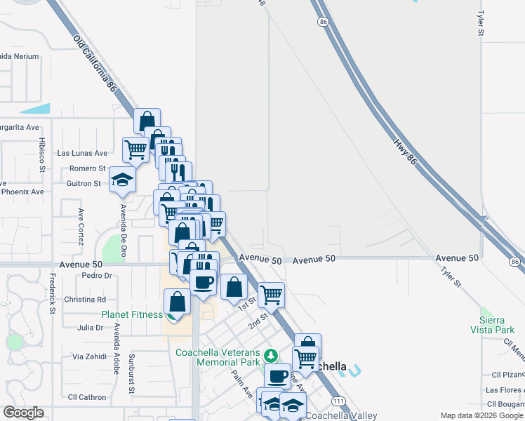map of restaurants, bars, coffee shops, grocery stores, and more near 49599 Oates Lane in Coachella