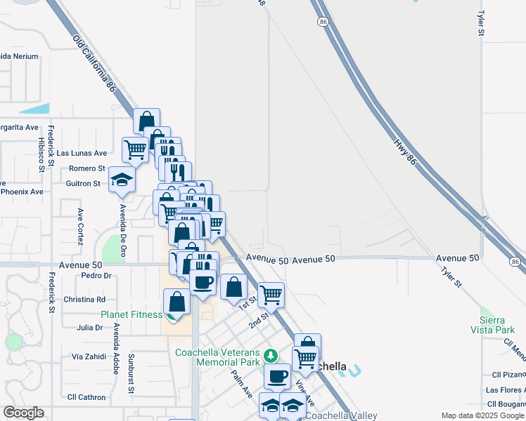 map of restaurants, bars, coffee shops, grocery stores, and more near 49599 Oates Lane in Coachella