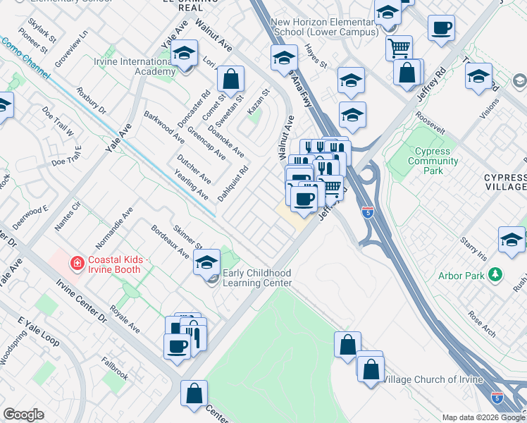 map of restaurants, bars, coffee shops, grocery stores, and more near 14851 Jeffrey Road in Irvine