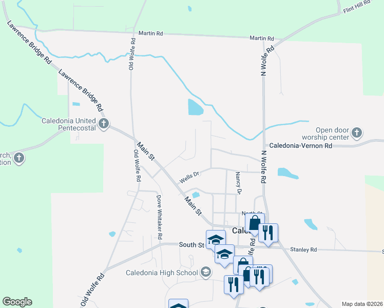 map of restaurants, bars, coffee shops, grocery stores, and more near 232 Lawrence Street in Caledonia