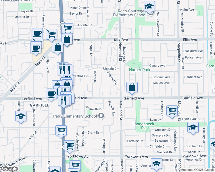 map of restaurants, bars, coffee shops, grocery stores, and more near 18911 Crimson Circle in Huntington Beach