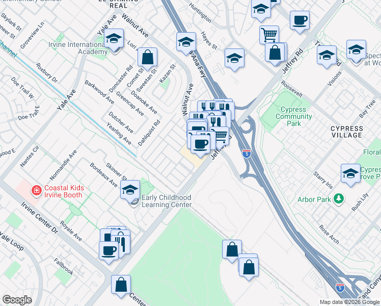 map of restaurants, bars, coffee shops, grocery stores, and more near 14851 Jeffrey Road in Irvine