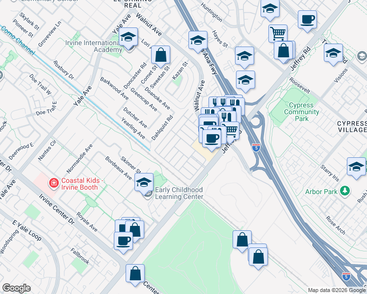 map of restaurants, bars, coffee shops, grocery stores, and more near 14851 Jeffrey Road in Irvine