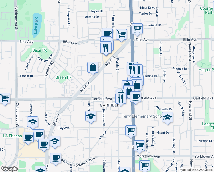 map of restaurants, bars, coffee shops, grocery stores, and more near 18900 Delaware Street in Huntington Beach