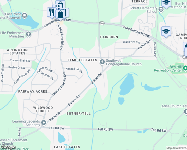 map of restaurants, bars, coffee shops, grocery stores, and more near 2479 Butner Road Southwest in Atlanta