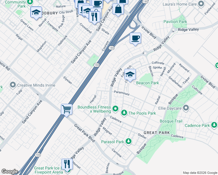 map of restaurants, bars, coffee shops, grocery stores, and more near 120 Novel in Irvine