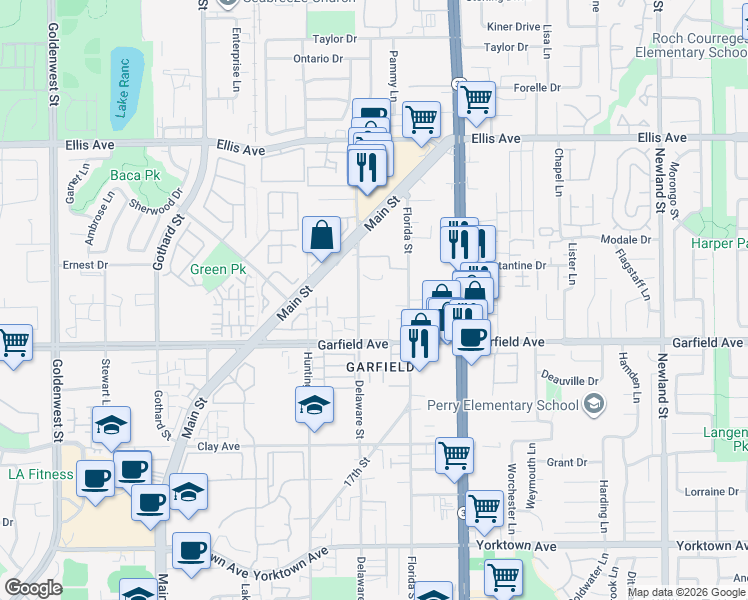 map of restaurants, bars, coffee shops, grocery stores, and more near 18900 Delaware Street in Huntington Beach