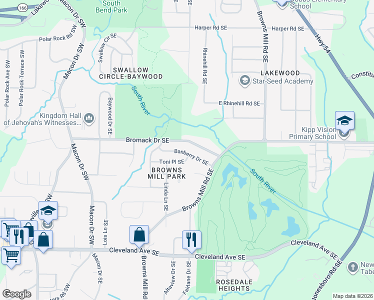 map of restaurants, bars, coffee shops, grocery stores, and more near 270 Banberry Drive Southeast in Atlanta