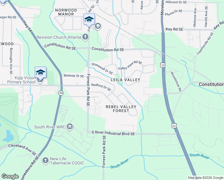 map of restaurants, bars, coffee shops, grocery stores, and more near 1004 Redford Drive Southeast in Atlanta