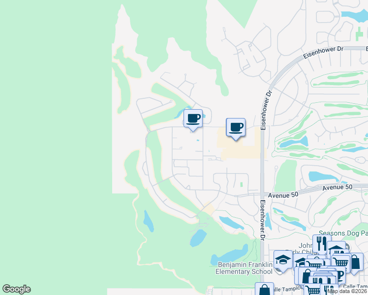 map of restaurants, bars, coffee shops, grocery stores, and more near 76978 Calle Mazatlan in La Quinta