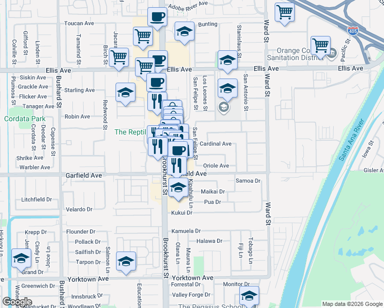 map of restaurants, bars, coffee shops, grocery stores, and more near 10177 Swallow Avenue in Fountain Valley