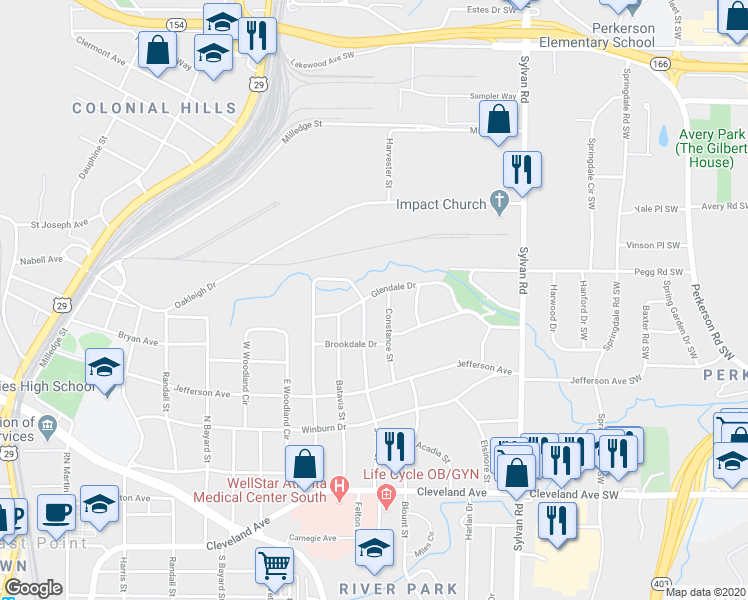 map of restaurants, bars, coffee shops, grocery stores, and more near 1106 Glendale Drive in East Point