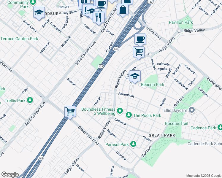 map of restaurants, bars, coffee shops, grocery stores, and more near 108 Novel in Irvine