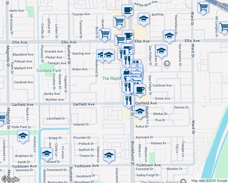 map of restaurants, bars, coffee shops, grocery stores, and more near 18885 Mount Walton Circle in Fountain Valley