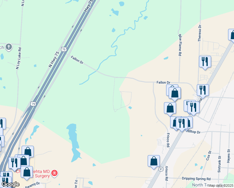 map of restaurants, bars, coffee shops, grocery stores, and more near 1702 Verdi Lane in Sherman
