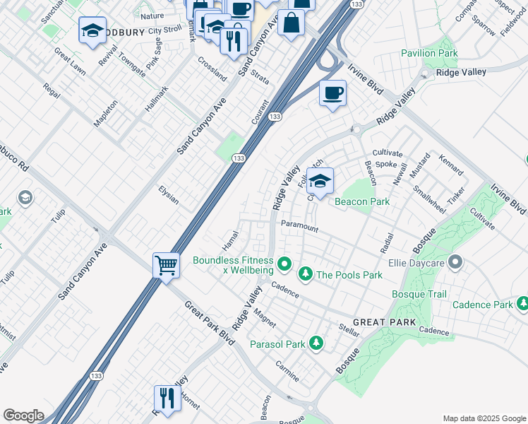 map of restaurants, bars, coffee shops, grocery stores, and more near 108 Novel in Irvine