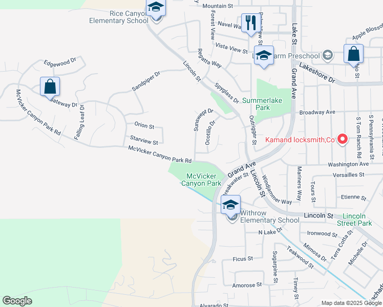 map of restaurants, bars, coffee shops, grocery stores, and more near 29225 Sunswept Drive in Lake Elsinore