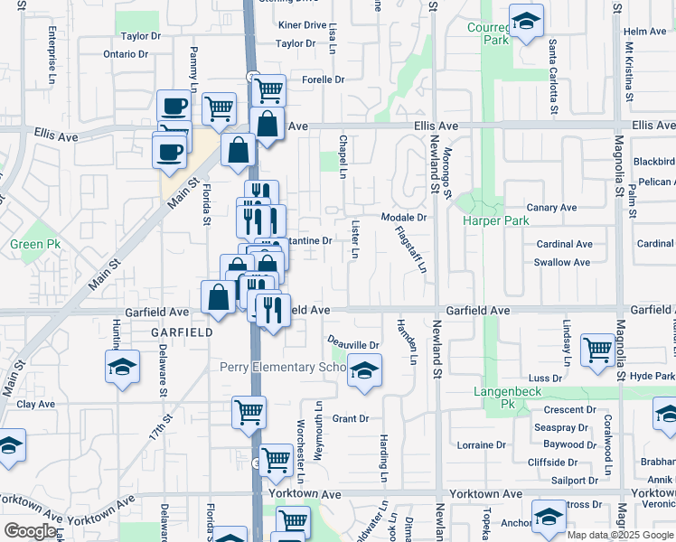 map of restaurants, bars, coffee shops, grocery stores, and more near 18862 Carolyn Lane in Huntington Beach