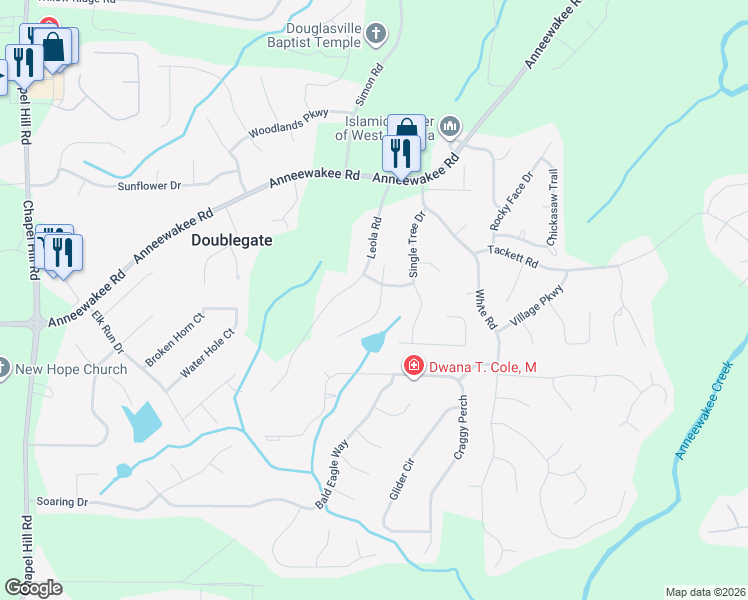 map of restaurants, bars, coffee shops, grocery stores, and more near 4329 Tillage Path in Douglasville