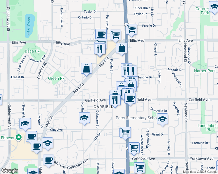 map of restaurants, bars, coffee shops, grocery stores, and more near 7831 Shaffer Circle in Huntington Beach