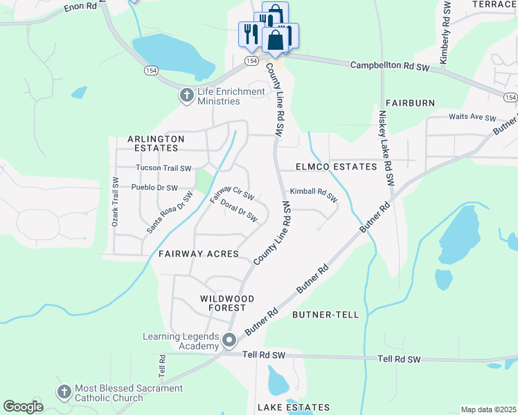 map of restaurants, bars, coffee shops, grocery stores, and more near 2290 Fairway Circle Southwest in Atlanta