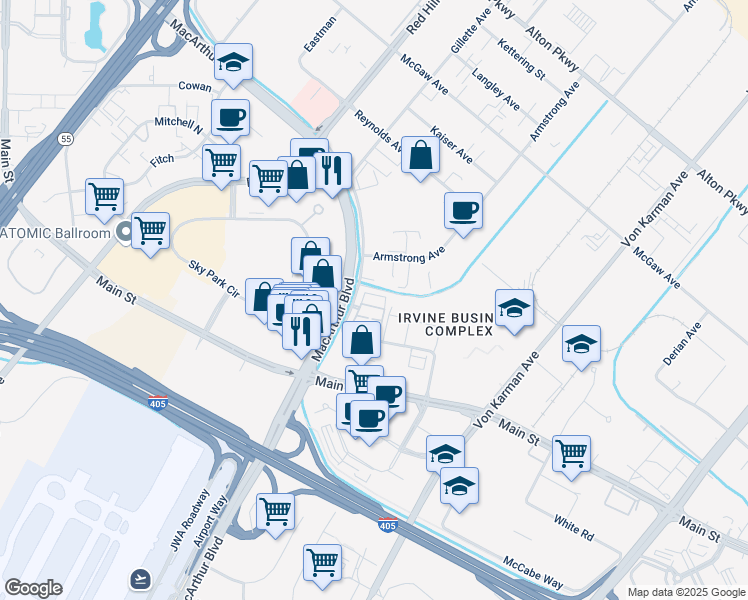 map of restaurants, bars, coffee shops, grocery stores, and more near 321 Placemark in Irvine