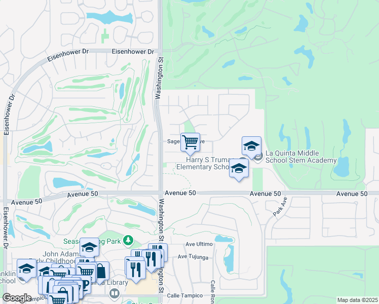 map of restaurants, bars, coffee shops, grocery stores, and more near Bottlebrush Drive in La Quinta