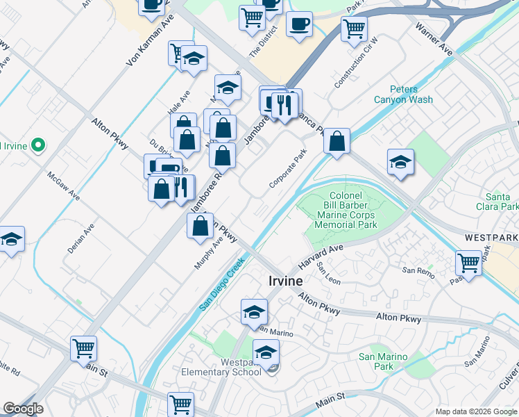 map of restaurants, bars, coffee shops, grocery stores, and more near in Irvine