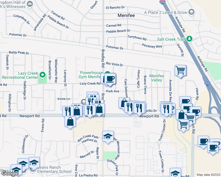map of restaurants, bars, coffee shops, grocery stores, and more near 29800 Bradley Road in Menifee