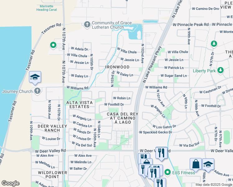 map of restaurants, bars, coffee shops, grocery stores, and more near 10377 West Cashman Drive in Peoria