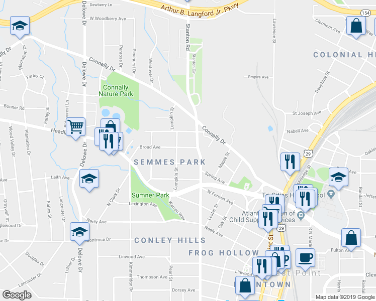 map of restaurants, bars, coffee shops, grocery stores, and more near 1834 Broad Avenue in East Point