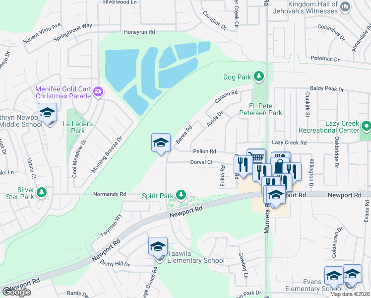 map of restaurants, bars, coffee shops, grocery stores, and more near 29843 Avida Drive in Menifee