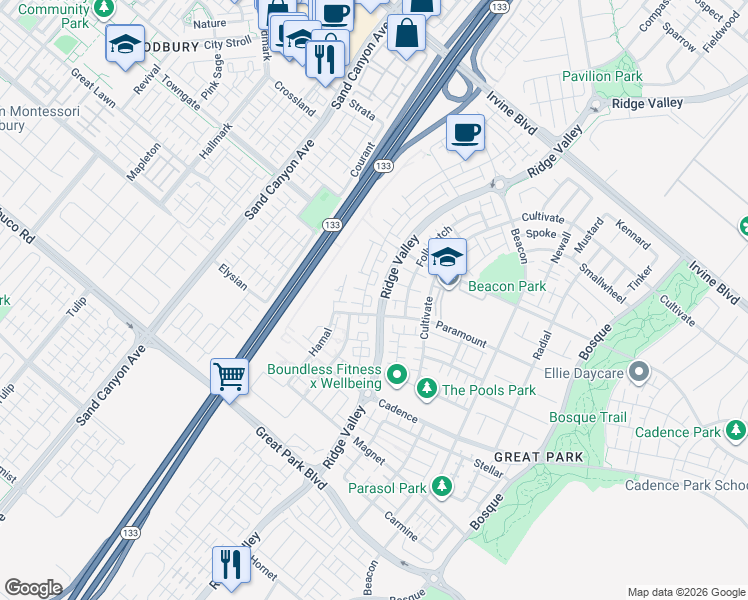 map of restaurants, bars, coffee shops, grocery stores, and more near 114 Novel in Irvine