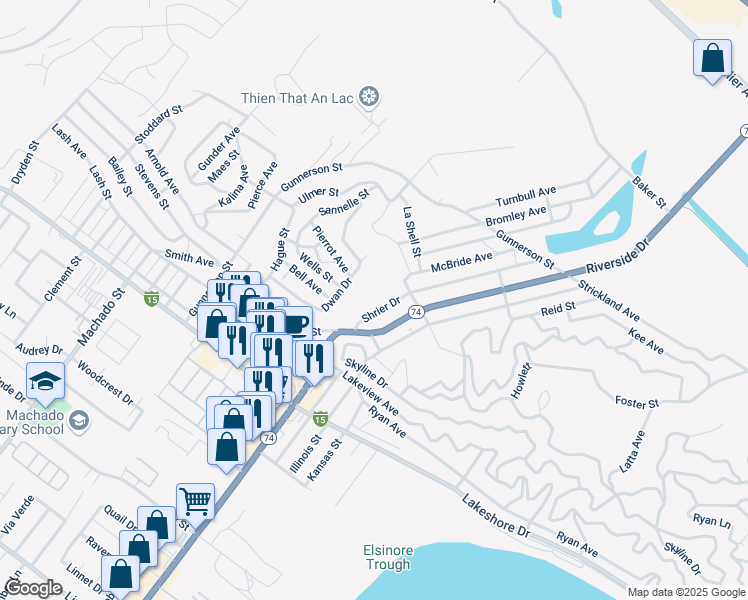 map of restaurants, bars, coffee shops, grocery stores, and more near Shrier Drive in Lake Elsinore