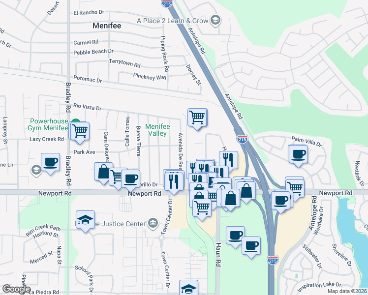 map of restaurants, bars, coffee shops, grocery stores, and more near 29770 Avenue De Real in Menifee