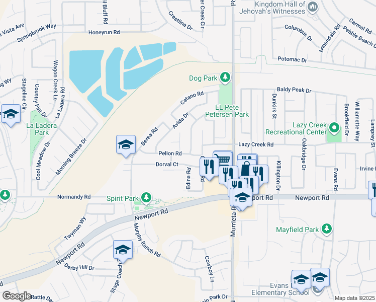 map of restaurants, bars, coffee shops, grocery stores, and more near 29813 Park City Avenue in Menifee