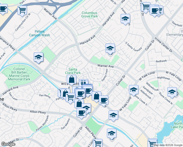map of restaurants, bars, coffee shops, grocery stores, and more near 20 Santa Victoria Aisle in Irvine