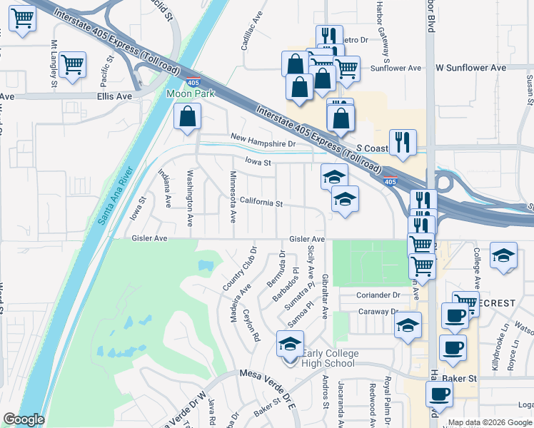 map of restaurants, bars, coffee shops, grocery stores, and more near 3233 Idaho Place in Costa Mesa