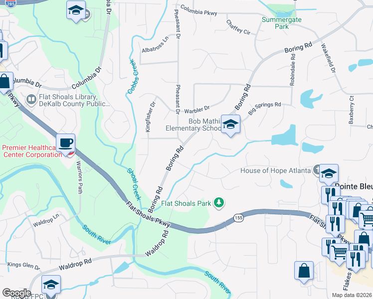 map of restaurants, bars, coffee shops, grocery stores, and more near 3401 Boring Road in Decatur