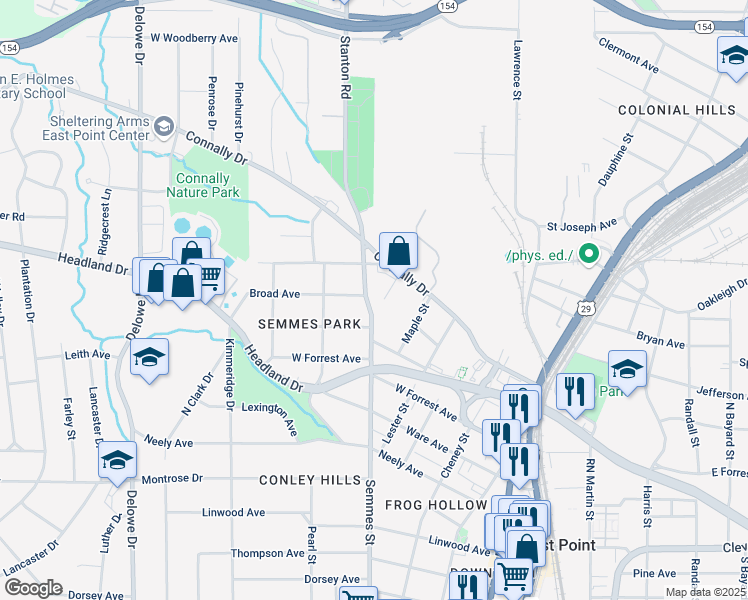 map of restaurants, bars, coffee shops, grocery stores, and more near 2452 Semmes Street in East Point