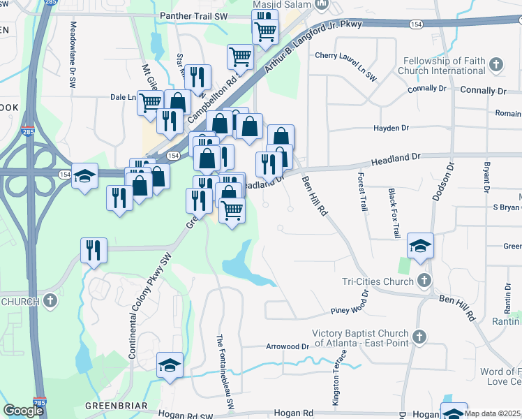 map of restaurants, bars, coffee shops, grocery stores, and more near 2440 McAlpine Terrace in East Point