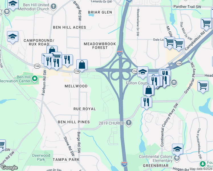 map of restaurants, bars, coffee shops, grocery stores, and more near Campbellton Road Southwest in Atlanta