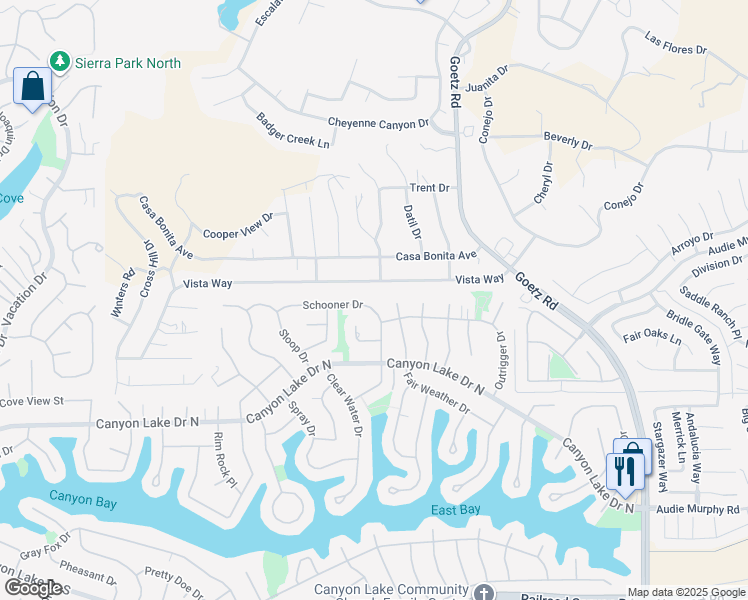map of restaurants, bars, coffee shops, grocery stores, and more near 23678 Schooner Drive in Canyon Lake