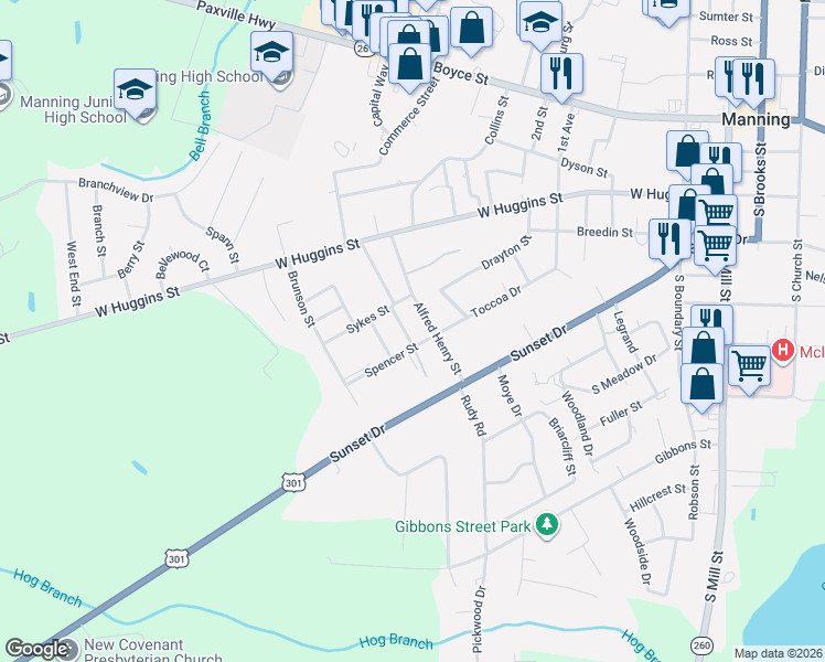 map of restaurants, bars, coffee shops, grocery stores, and more near 308 Hopkins Street in Manning
