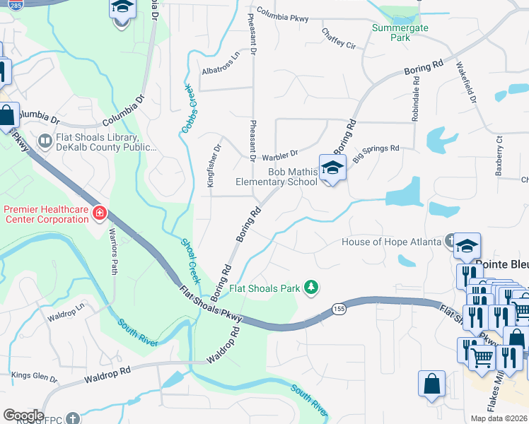 map of restaurants, bars, coffee shops, grocery stores, and more near 3401 Boring Road in Decatur