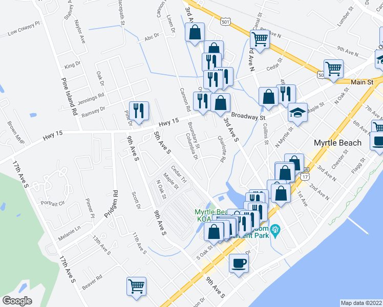 map of restaurants, bars, coffee shops, grocery stores, and more near 52 Columbia Drive in Myrtle Beach