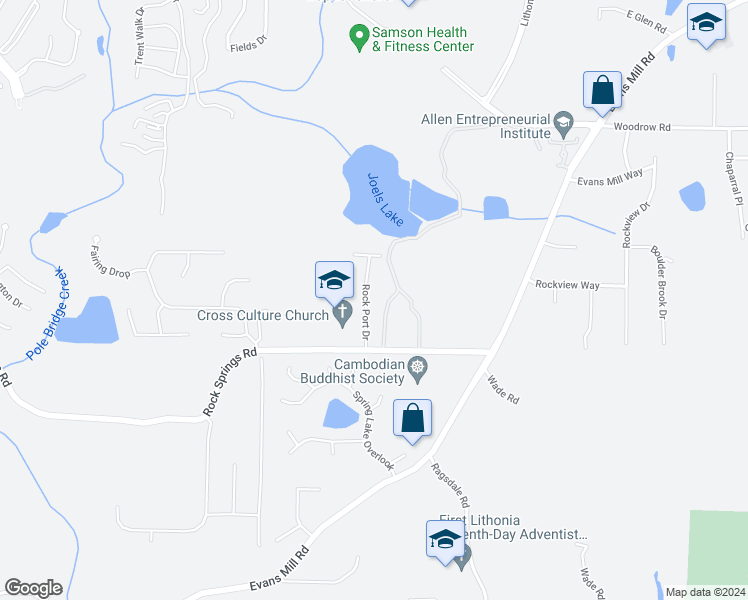 map of restaurants, bars, coffee shops, grocery stores, and more near 3232 Rockport Drive in Lithonia