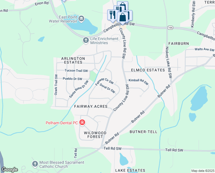 map of restaurants, bars, coffee shops, grocery stores, and more near 4547 Doral Drive Southwest in Atlanta