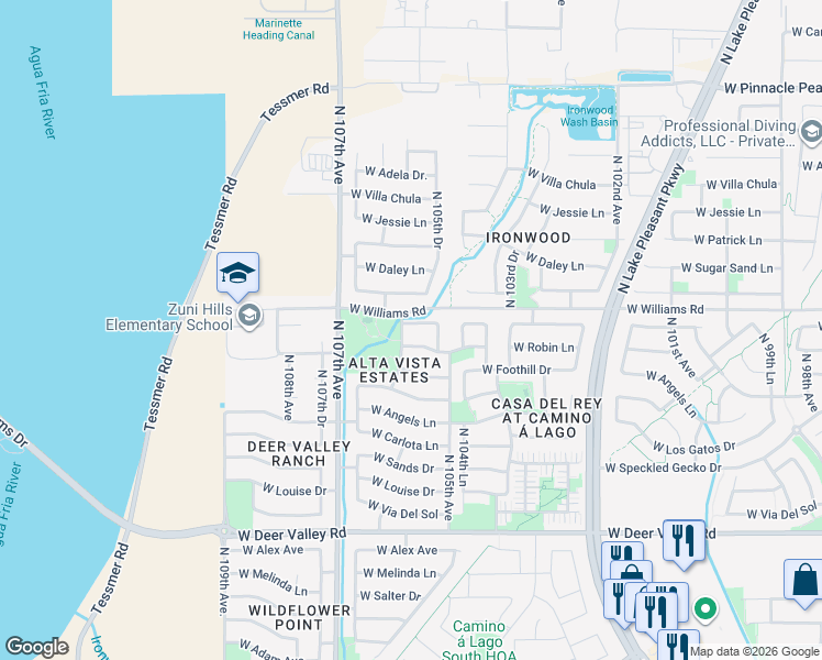 map of restaurants, bars, coffee shops, grocery stores, and more near 10541 West Donald Drive in Peoria